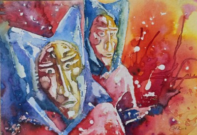 Aquarellbild einer bunten Fasnachtsgestalt